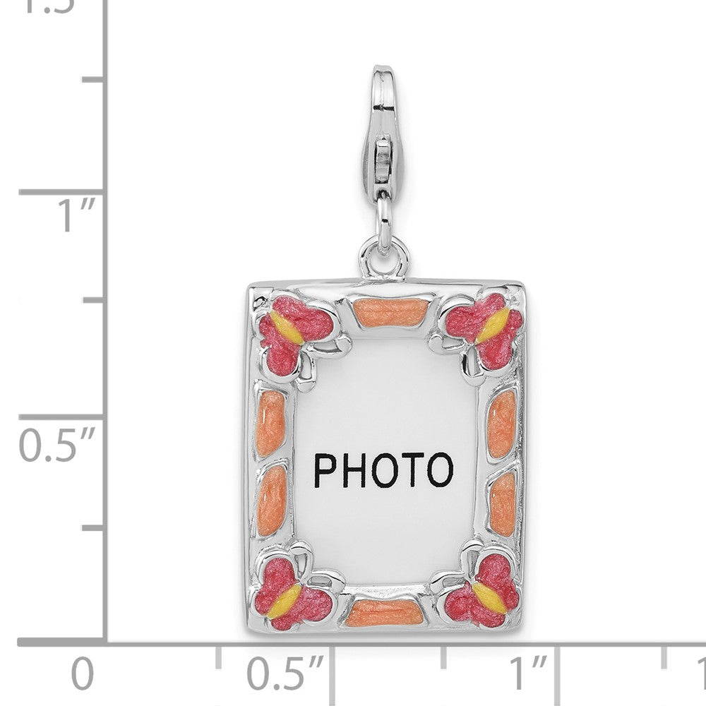 Sterlingsilber Rhodiniert 3-d Emailliert Schmetterling Photo Rahmen mit Karabinerverschluss Charm
