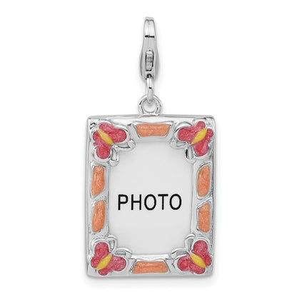 Sterlingsilber Rhodiniert 3-d Emailliert Schmetterling Photo Rahmen mit Karabinerverschluss Charm
