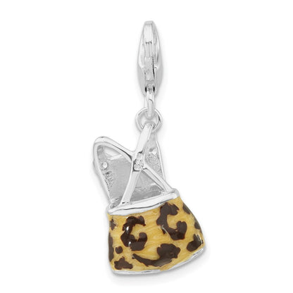 Sterlingsilber Poliert 3-d Zirkonia Schwarz & Tan Emailliert Overalls mit Karabinerverschluss Charm