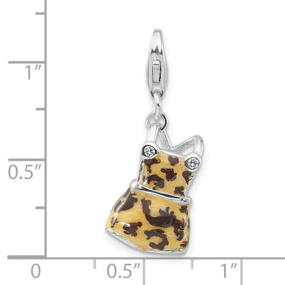 Sterlingsilber Poliert 3-d Zirkonia Schwarz & Tan Emailliert Overalls mit Karabinerverschluss Charm