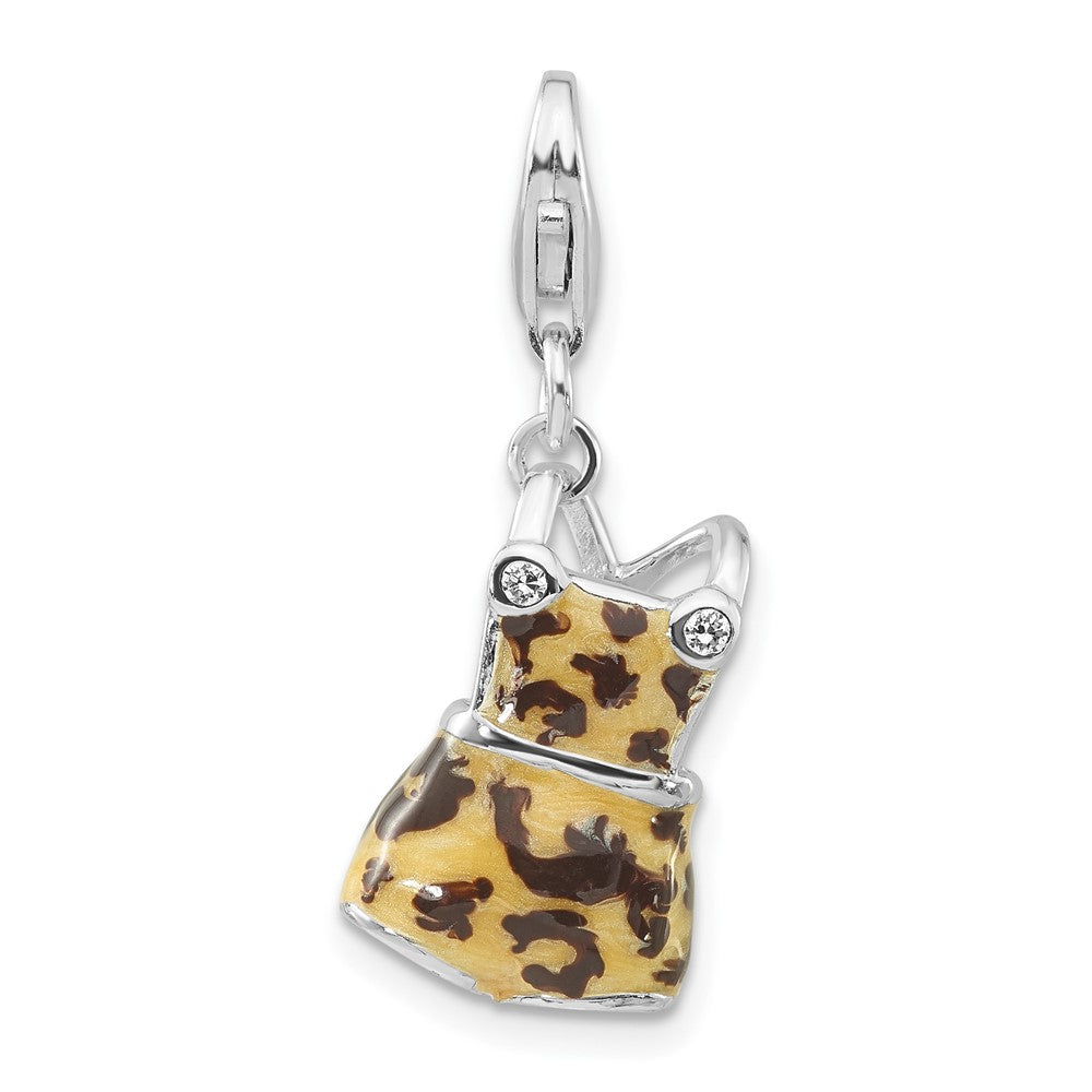 Sterlingsilber Poliert 3-d Zirkonia Schwarz & Tan Emailliert Overalls mit Karabinerverschluss Charm