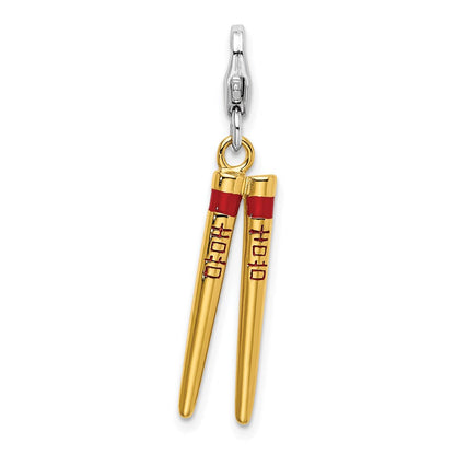 Sterlingsilber 3-d Emailliert Vergoldet Chopstick mit Karabinerverschluss Charm