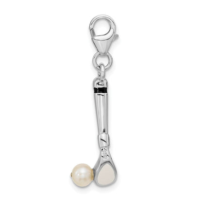 Sterlingsilber Amore La Vita Rhodiniert Poliert 3-d Süßwasser Zuchtperle Golf Club Charm mit Fantasie Karabinerverschluss