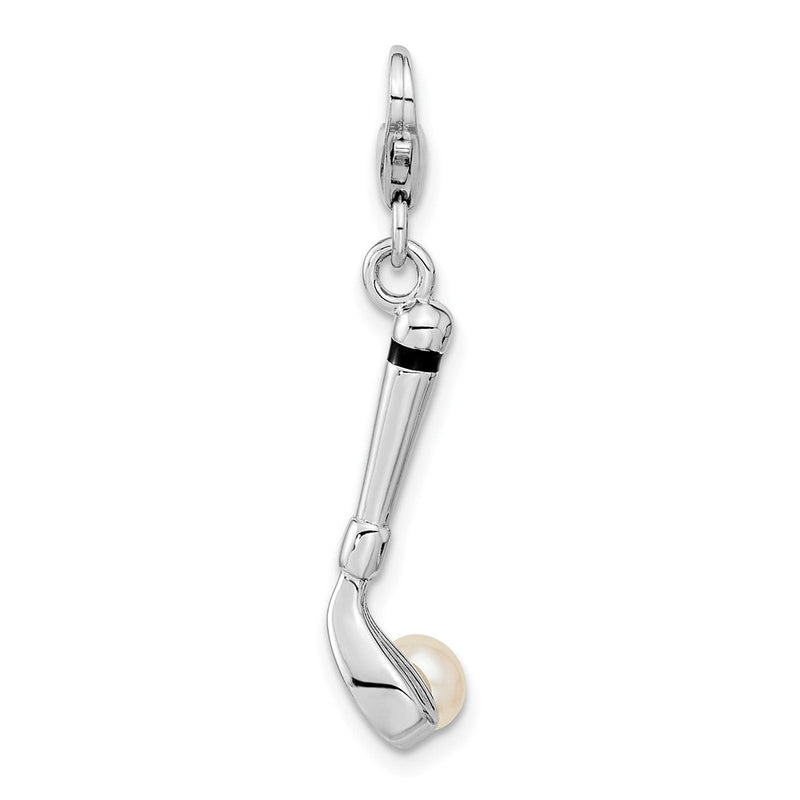 Sterlingsilber Amore La Vita Rhodiniert Poliert 3-d Süßwasser Zuchtperle Golf Club Charm mit Fantasie Karabinerverschluss