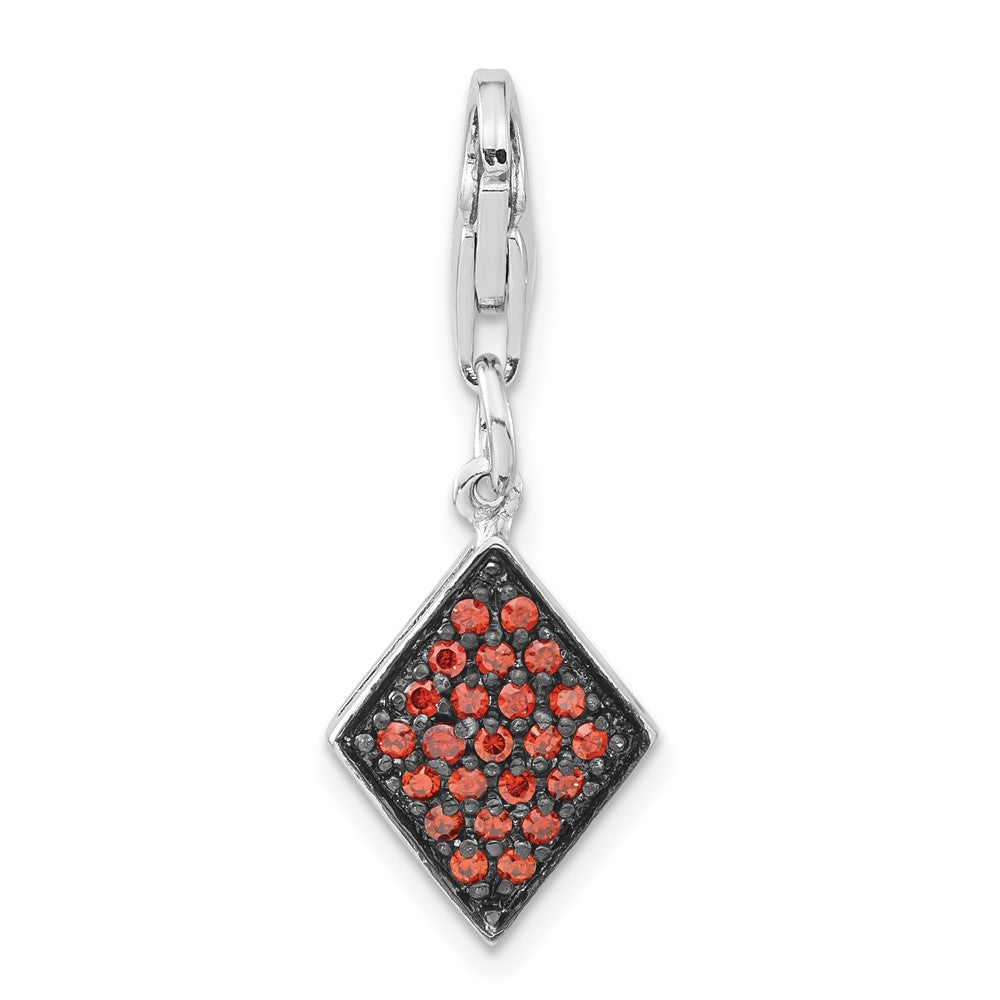 Sterlingsilber Rhodiniert Rot Zirkonia & Emaille Diamant Geformt mit Karabinerverschluss Charm