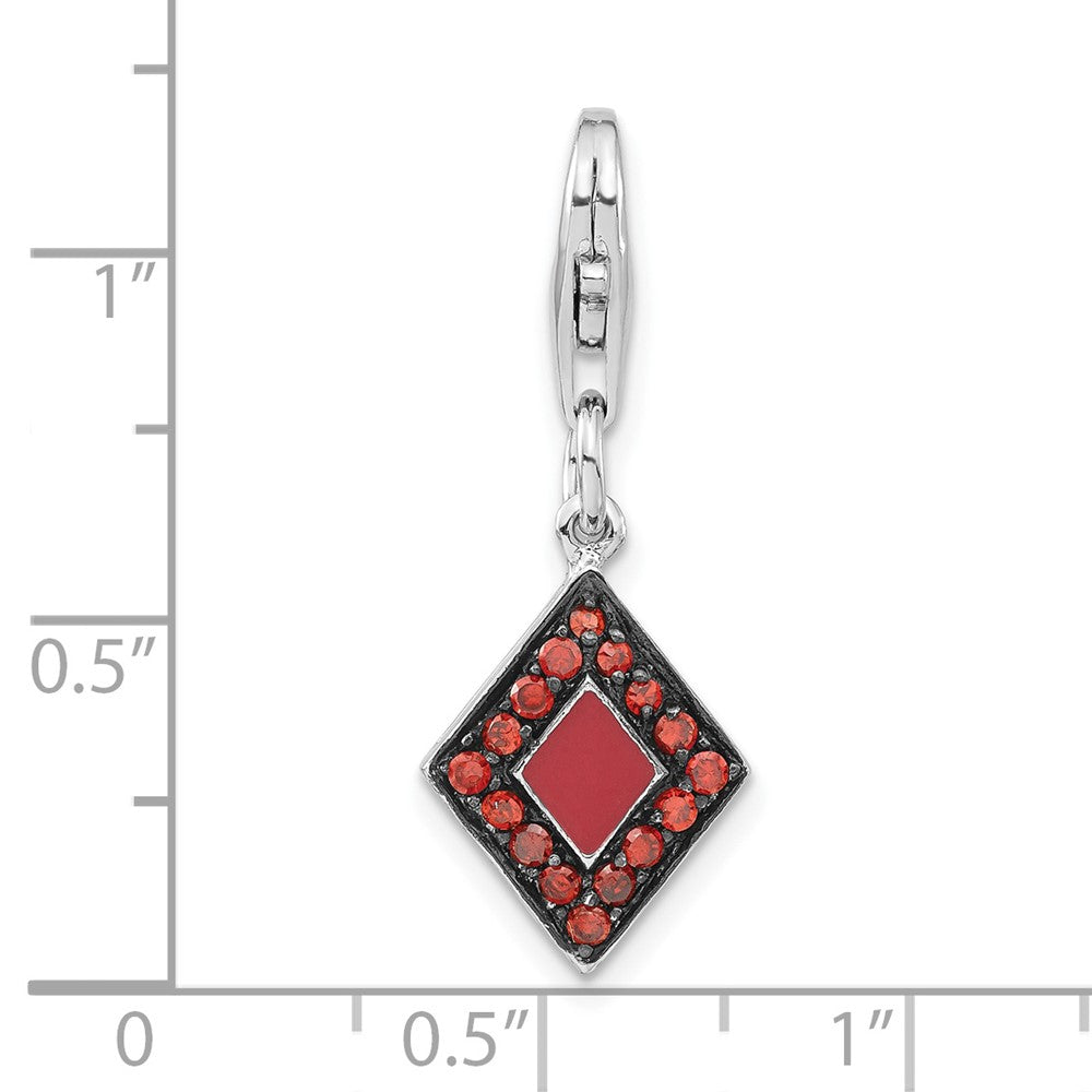 Sterlingsilber Rhodiniert Rot Zirkonia & Emaille Diamant Geformt mit Karabinerverschluss Charm