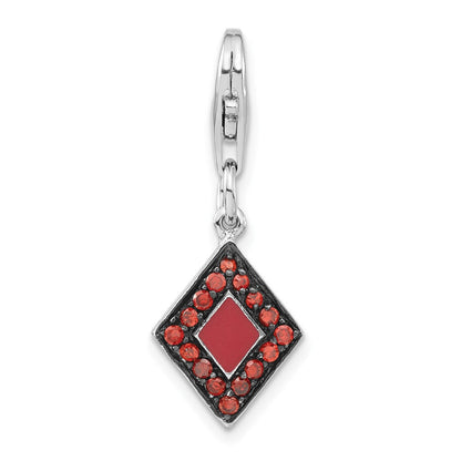 Sterlingsilber Rhodiniert Rot Zirkonia & Emaille Diamant Geformt mit Karabinerverschluss Charm