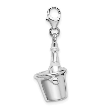 Sterlingsilber Amore La Vita Rhodiniert Poliert 3-d Emailliert Champagne Bottle in Eis Bucket mit Karabiner Charm