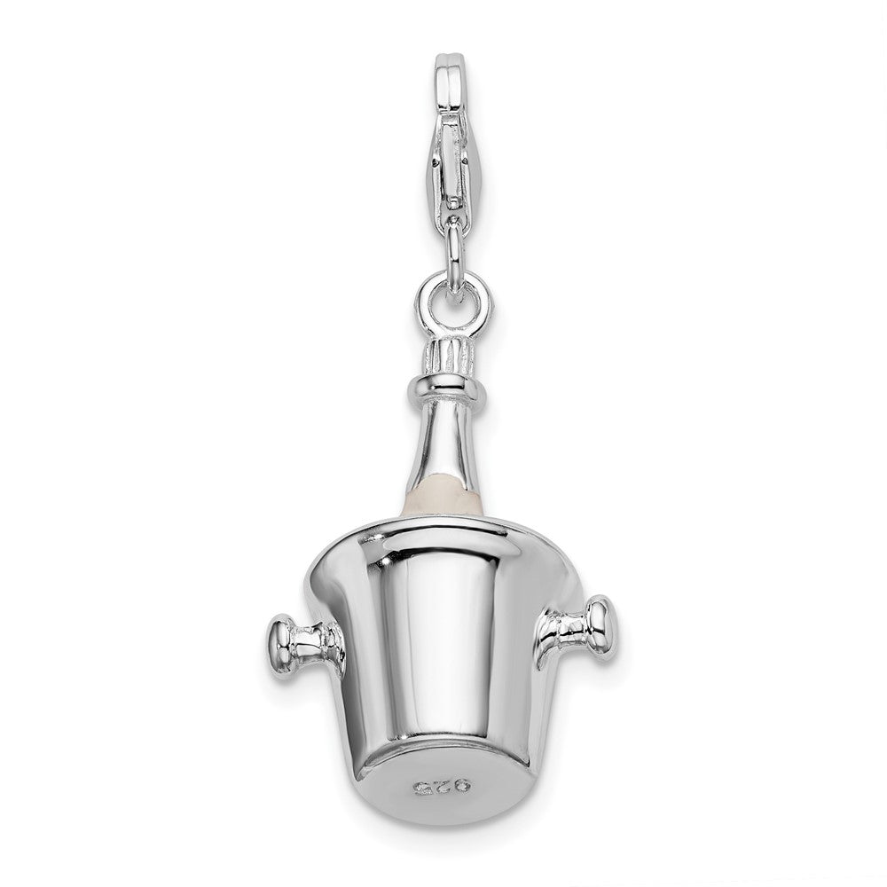 Sterlingsilber Amore La Vita Rhodiniert Poliert 3-d Emailliert Champagne Bottle in Eis Bucket mit Karabiner Charm