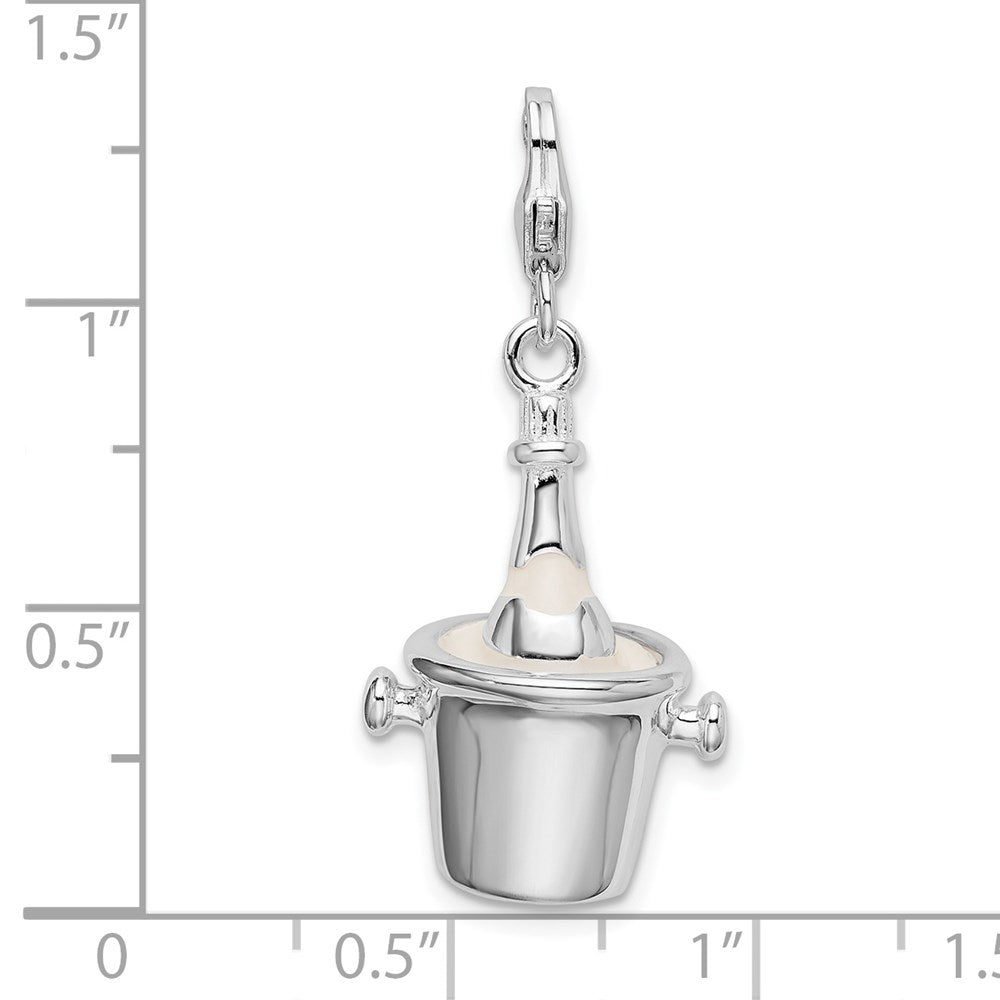 Sterlingsilber Amore La Vita Rhodiniert Poliert 3-d Emailliert Champagne Bottle in Eis Bucket mit Karabiner Charm