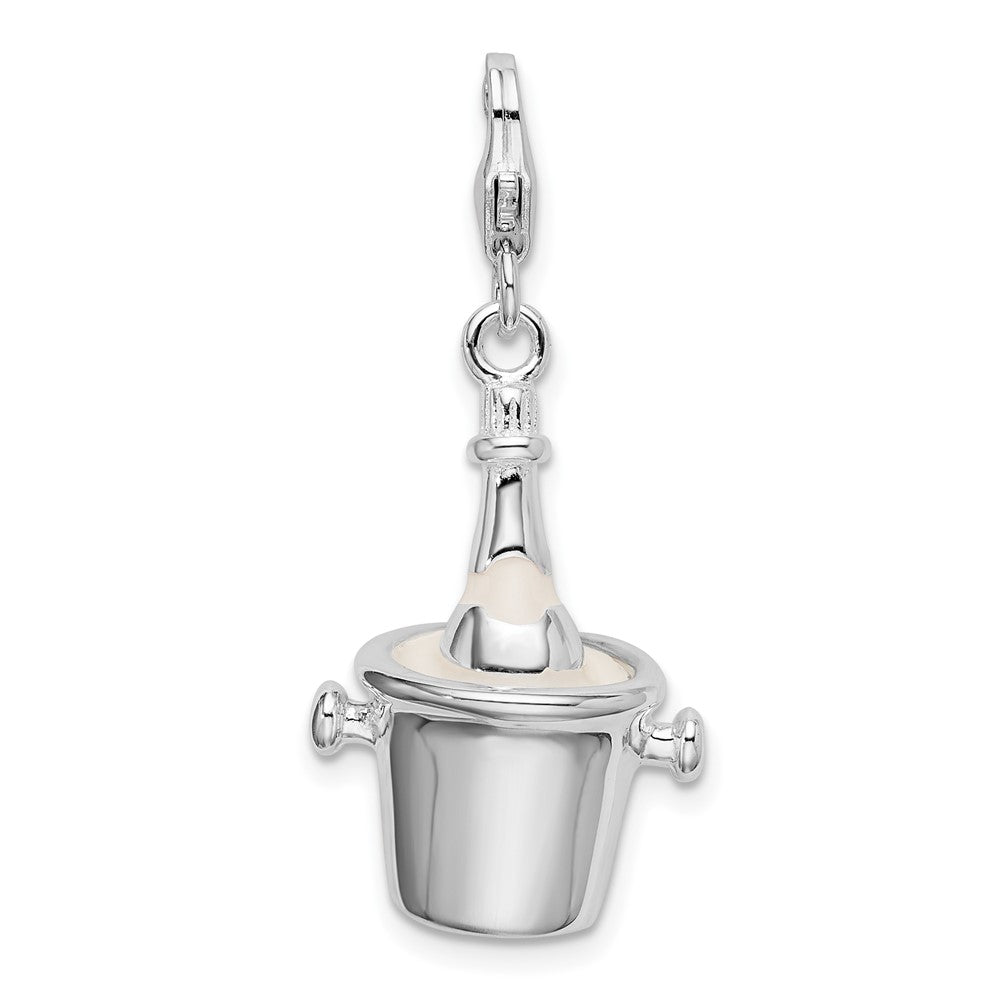 Sterlingsilber Amore La Vita Rhodiniert Poliert 3-d Emailliert Champagne Bottle in Eis Bucket mit Karabiner Charm