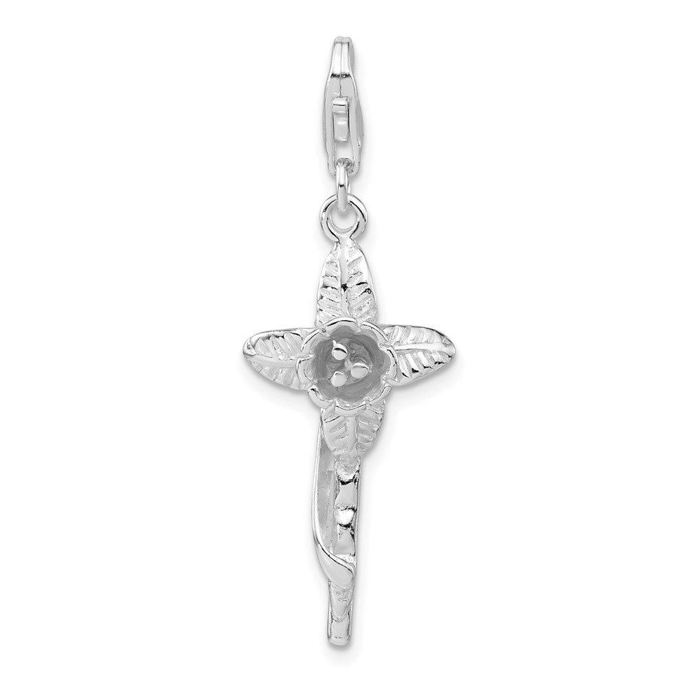 Sterlingsilber 3-d Poliert Blume Kreuz mit Karabinerverschluss Charm