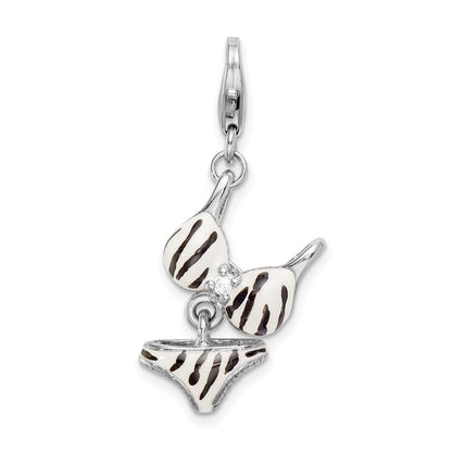 Sterlingsilber Amore La Vita Rhodiniert Poliert 3-d Zirkonia Emailliert Zebra Bikini Anhänger