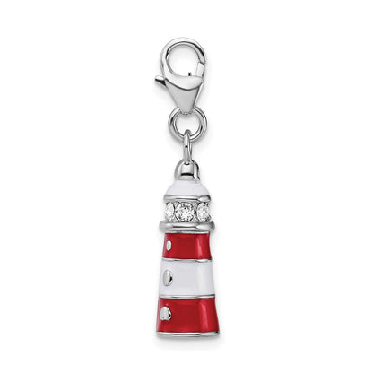 Sterlingsilber Amore La Vita Rhodiniert Poliert 3-d Rot Emailliert Swarovski Kristall Leuchtturm Charm mit Fantasie Karabinerverschluss