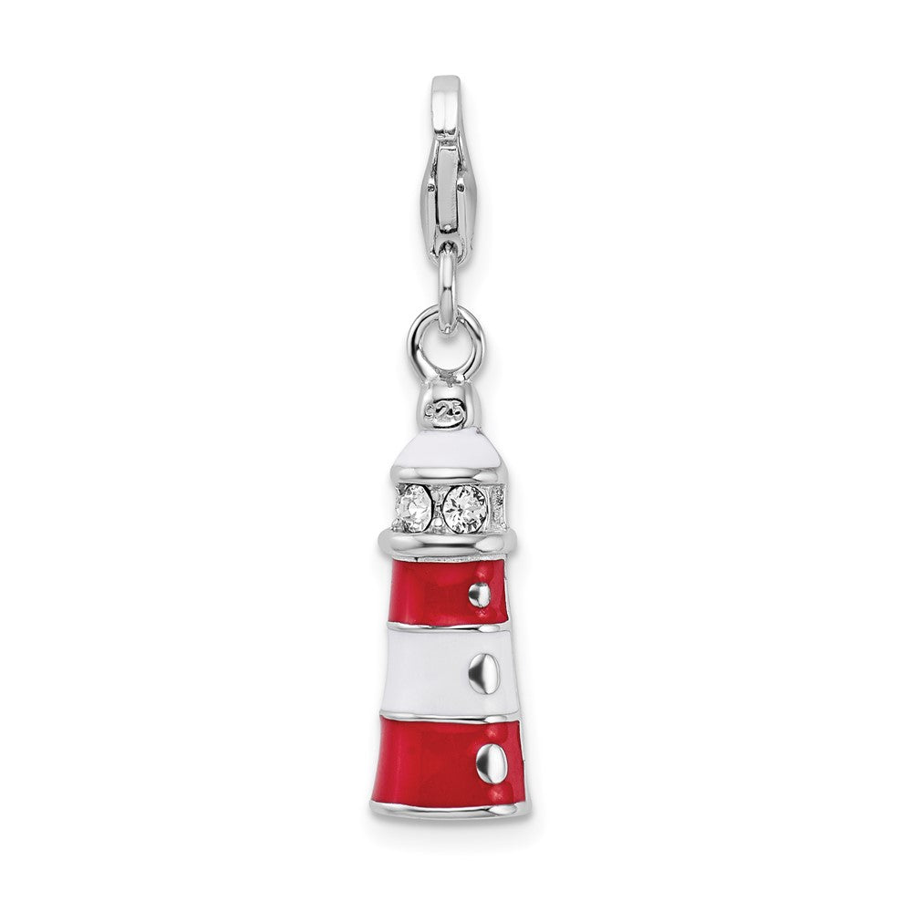 Sterlingsilber Amore La Vita Rhodiniert Poliert 3-d Rot Emailliert Swarovski Kristall Leuchtturm Charm mit Fantasie Karabinerverschluss