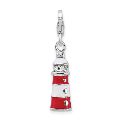 Sterlingsilber Amore La Vita Rhodiniert Poliert 3-d Rot Emailliert Swarovski Kristall Leuchtturm Charm mit Fantasie Karabinerverschluss