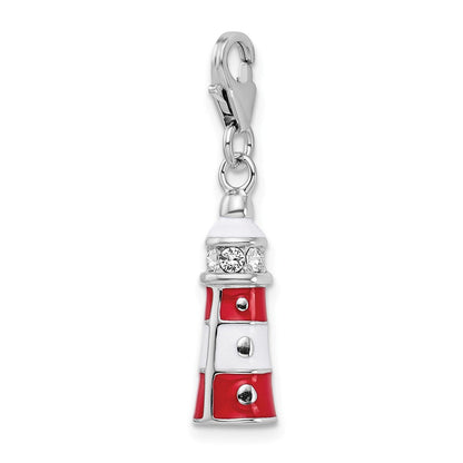 Sterlingsilber Amore La Vita Rhodiniert Poliert 3-d Rot Emailliert Swarovski Kristall Leuchtturm Charm mit Fantasie Karabinerverschluss