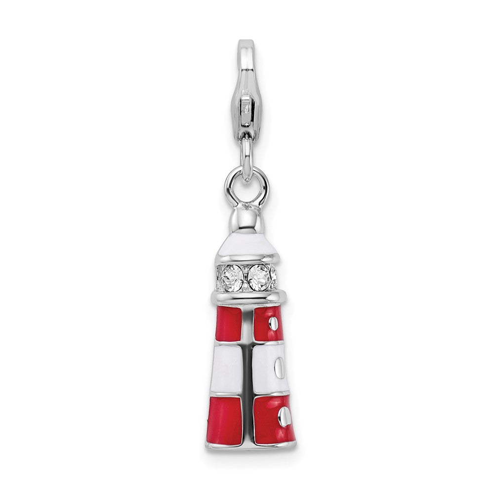 Sterlingsilber Amore La Vita Rhodiniert Poliert 3-d Rot Emailliert Swarovski Kristall Leuchtturm Charm mit Fantasie Karabinerverschluss