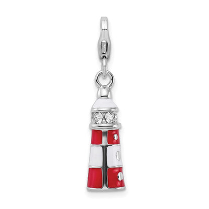 Sterlingsilber Amore La Vita Rhodiniert Poliert 3-d Rot Emailliert Swarovski Kristall Leuchtturm Charm mit Fantasie Karabinerverschluss