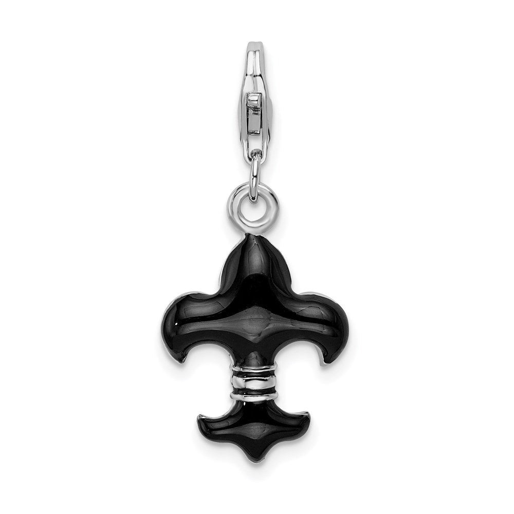 Sterlingsilber Ss Rhodiniert Schwarz Emailliert Fleur De Lis mit Karabinerverschluss Charm