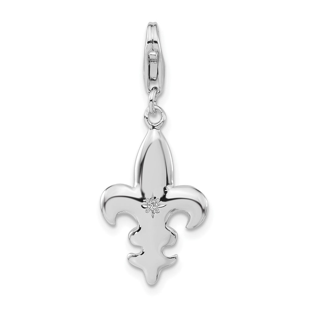 Sterlingsilber Poliert Zirkonia Fleur De Lis mit Karabinerverschluss Charm