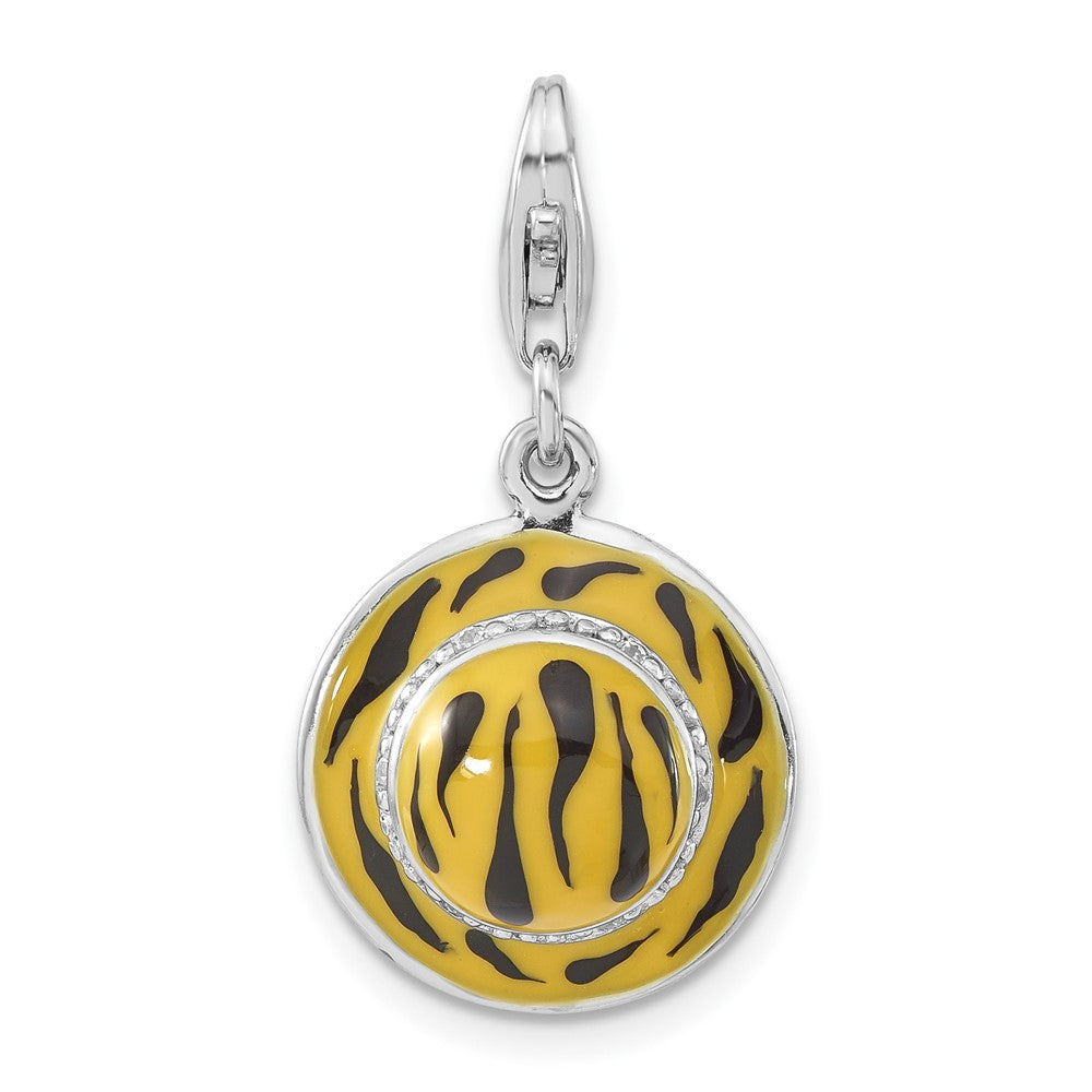 Sterlingsilber 3-d Poliert Zirkonia Gelb/black Emaille Tiger Hat Charm mit Karabinerverschluss