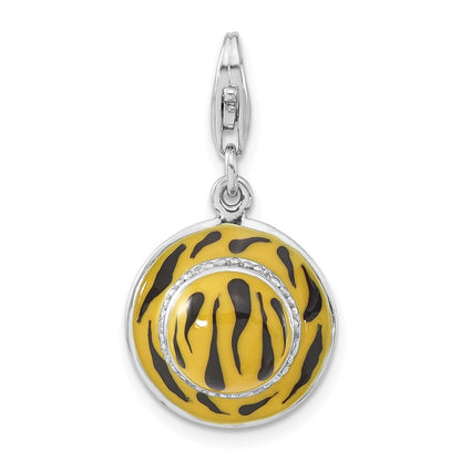 Sterlingsilber 3-d Poliert Zirkonia Gelb/black Emaille Tiger Hat Charm mit Karabinerverschluss