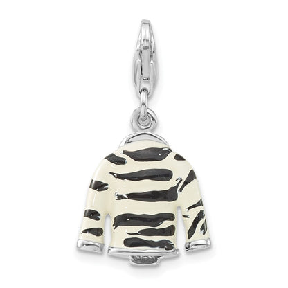 Sterlingsilber Poliert 3-d Zirkonia & Schwarz/white Emaille Zebra Jacke mit Karabinerverschluss Charm