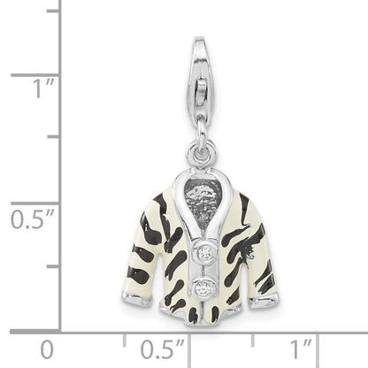 Sterlingsilber Poliert 3-d Zirkonia & Schwarz/white Emaille Zebra Jacke mit Karabinerverschluss Charm