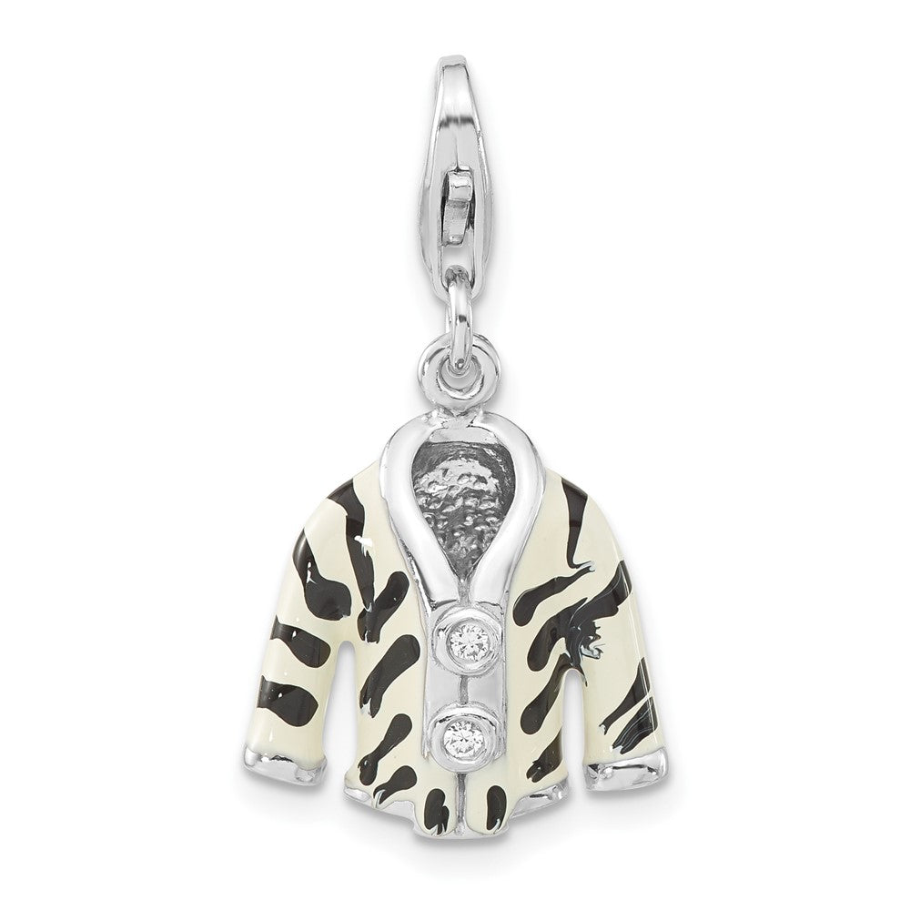 Sterlingsilber Poliert 3-d Zirkonia & Schwarz/white Emaille Zebra Jacke mit Karabinerverschluss Charm