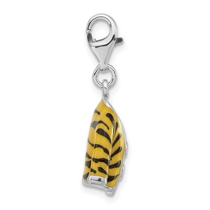 Sterlingsilber Poliert 3-d Zirkonia & Schwarz/yellow Emaille Tiger Jacke mit Karabinerverschluss Charm