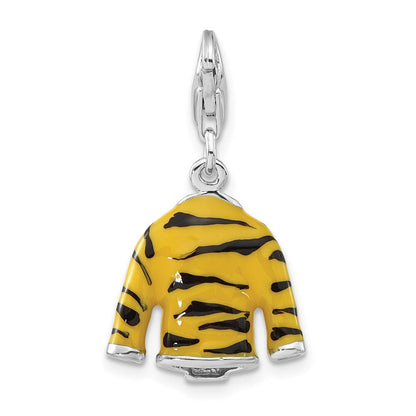 Sterlingsilber Poliert 3-d Zirkonia & Schwarz/yellow Emaille Tiger Jacke mit Karabinerverschluss Charm