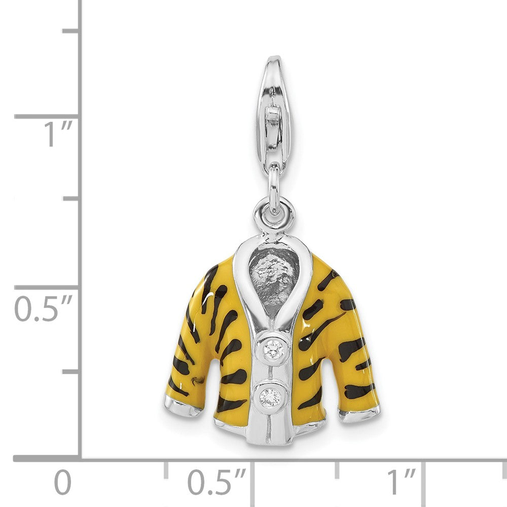Sterlingsilber Poliert 3-d Zirkonia & Schwarz/yellow Emaille Tiger Jacke mit Karabinerverschluss Charm