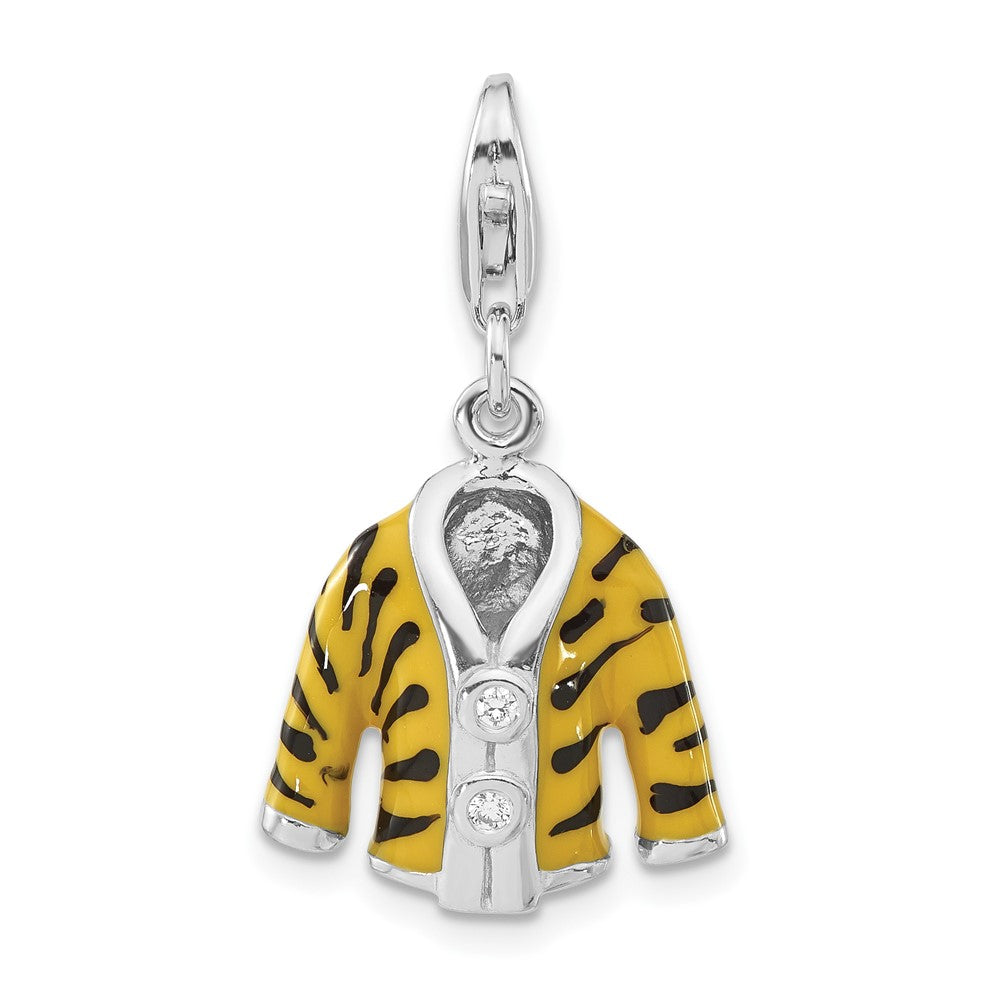 Sterlingsilber Poliert 3-d Zirkonia & Schwarz/yellow Emaille Tiger Jacke mit Karabinerverschluss Charm