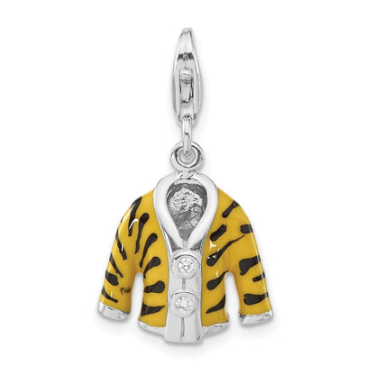 Sterlingsilber Poliert 3-d Zirkonia & Schwarz/yellow Emaille Tiger Jacke mit Karabinerverschluss Charm