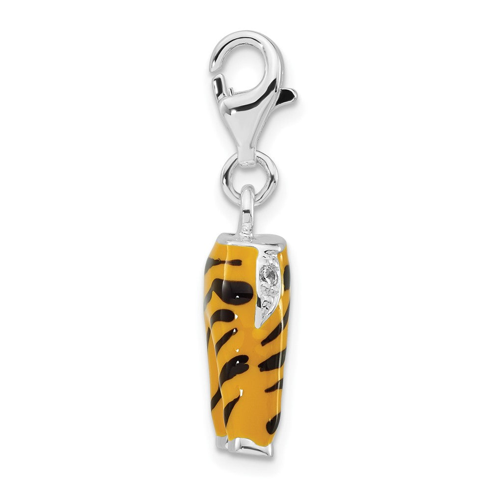 Sterlingsilber Poliert 3-d Zirkonia & Schwarz/yellow Emaille Tiger Pants mit Karabinerverschluss Charm