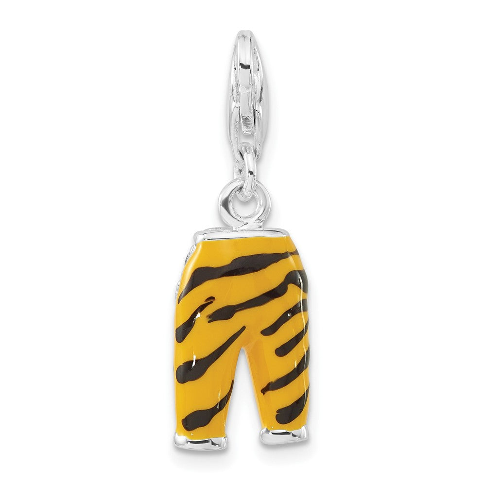 Sterlingsilber Poliert 3-d Zirkonia & Schwarz/yellow Emaille Tiger Pants mit Karabinerverschluss Charm