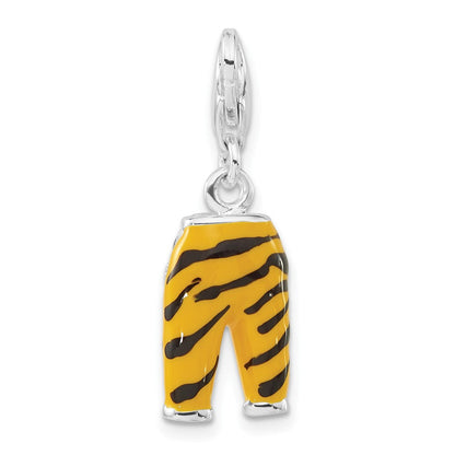 Sterlingsilber Poliert 3-d Zirkonia & Schwarz/yellow Emaille Tiger Pants mit Karabinerverschluss Charm
