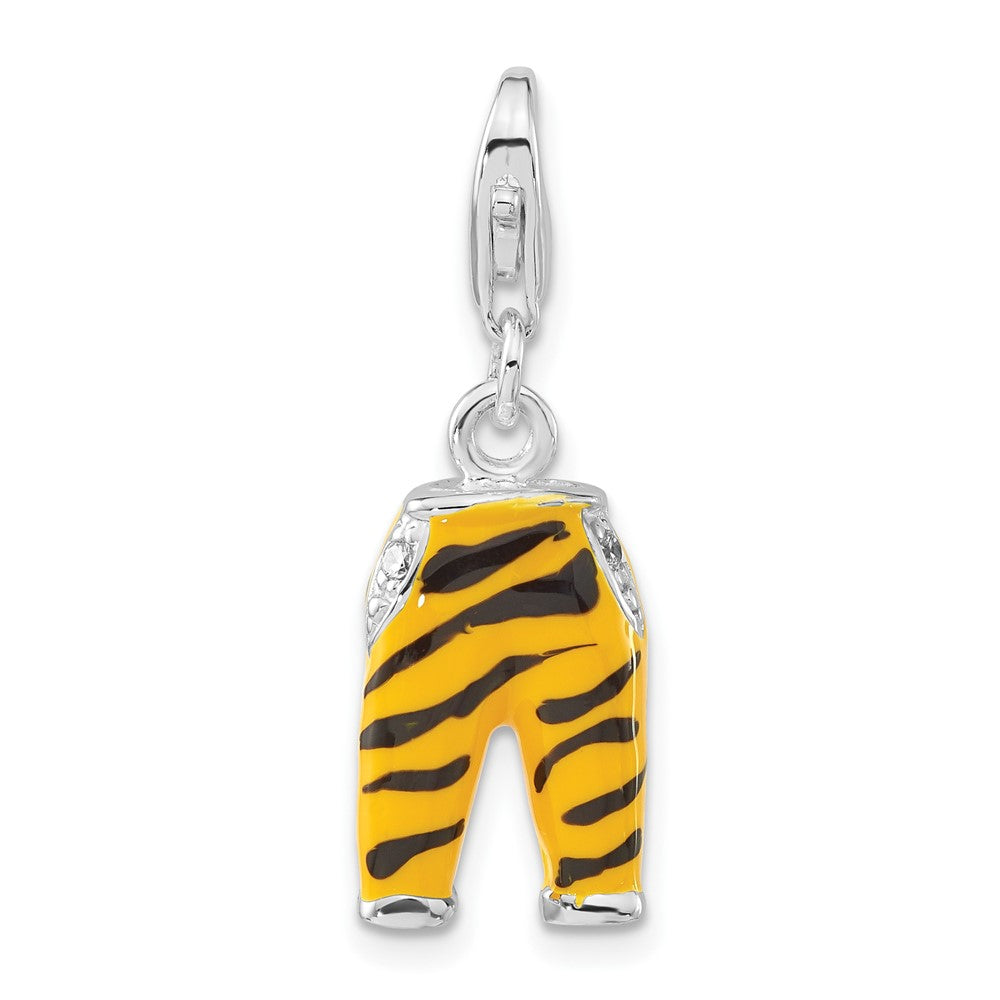 Sterlingsilber Poliert 3-d Zirkonia & Schwarz/yellow Emaille Tiger Pants mit Karabinerverschluss Charm