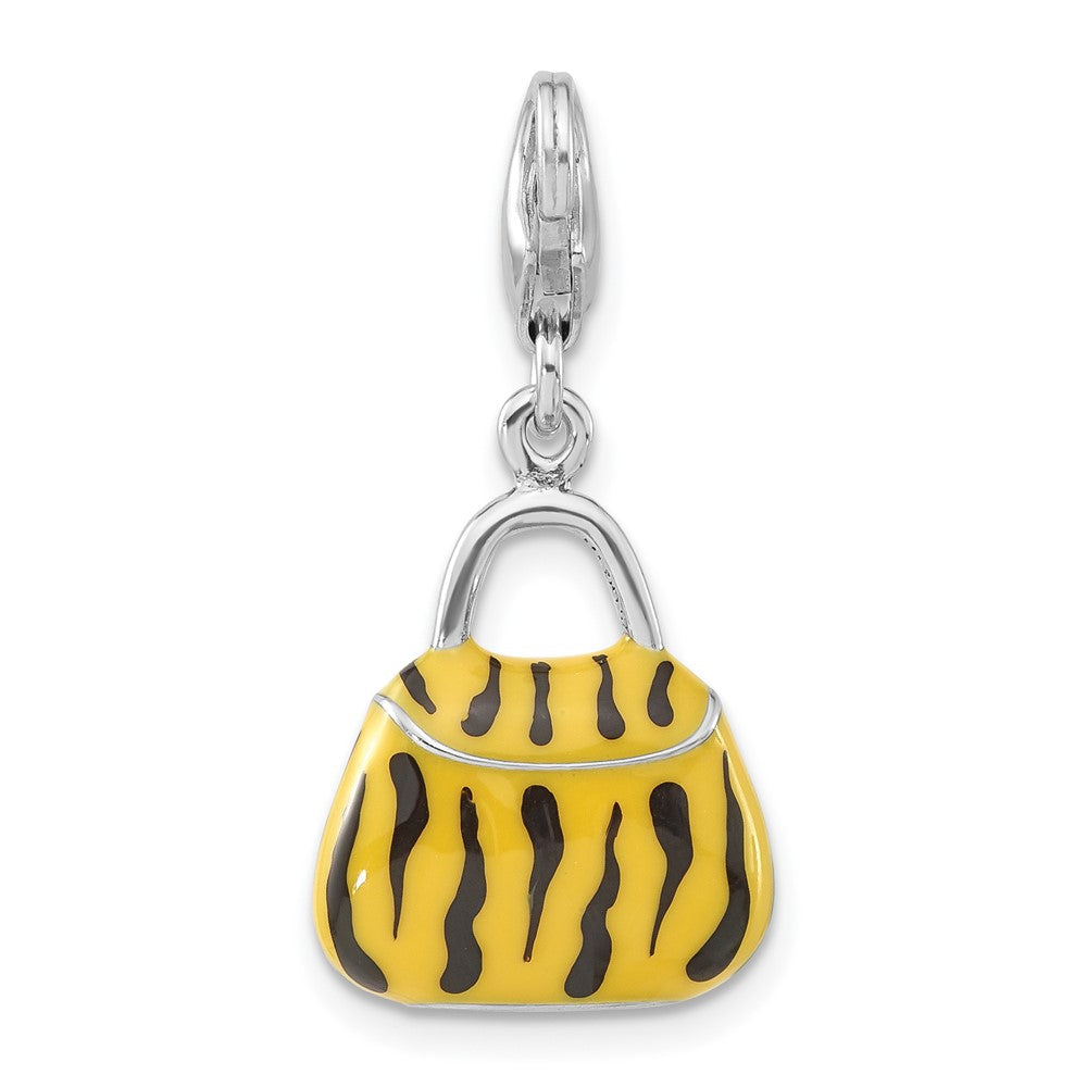 Sterlingsilber 3-d Poliert Zirkonia Gelb/black Emaille Tiger Purse mit Karabinerverschluss Charm