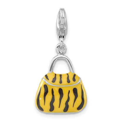 Sterlingsilber 3-d Poliert Zirkonia Gelb/black Emaille Tiger Purse mit Karabinerverschluss Charm