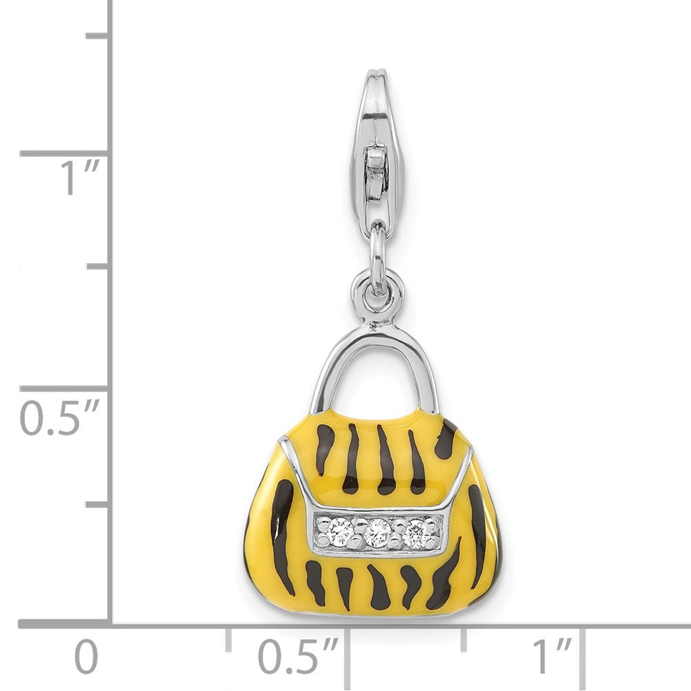 Sterlingsilber 3-d Poliert Zirkonia Gelb/black Emaille Tiger Purse mit Karabinerverschluss Charm
