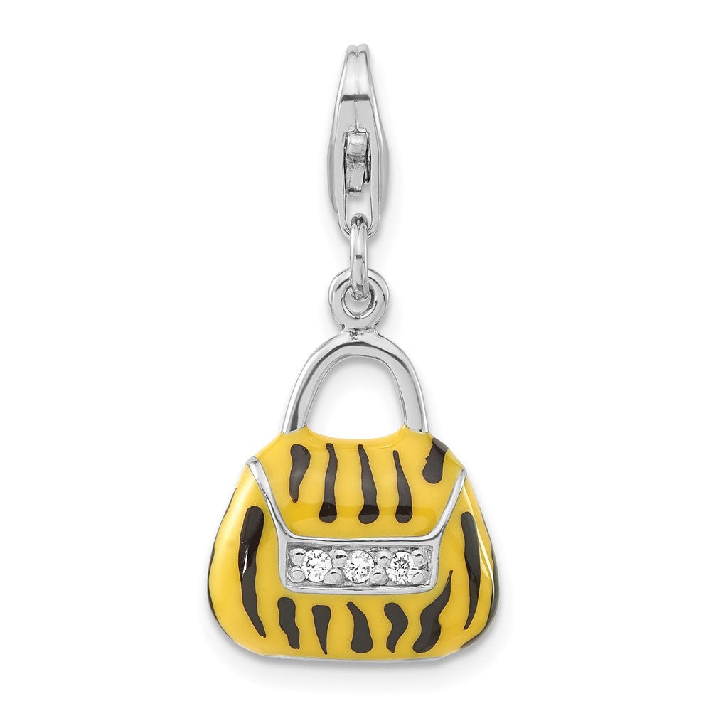 Sterlingsilber 3-d Poliert Zirkonia Gelb/black Emaille Tiger Purse mit Karabinerverschluss Charm