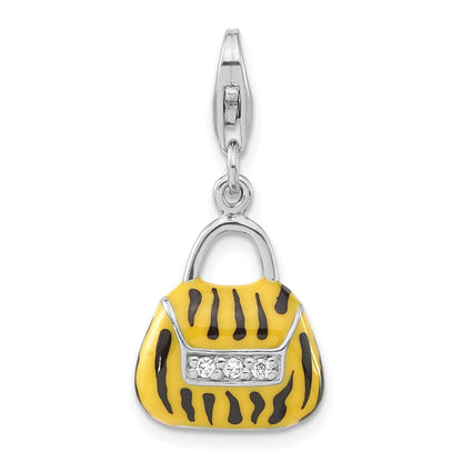 Sterlingsilber 3-d Poliert Zirkonia Gelb/black Emaille Tiger Purse mit Karabinerverschluss Charm