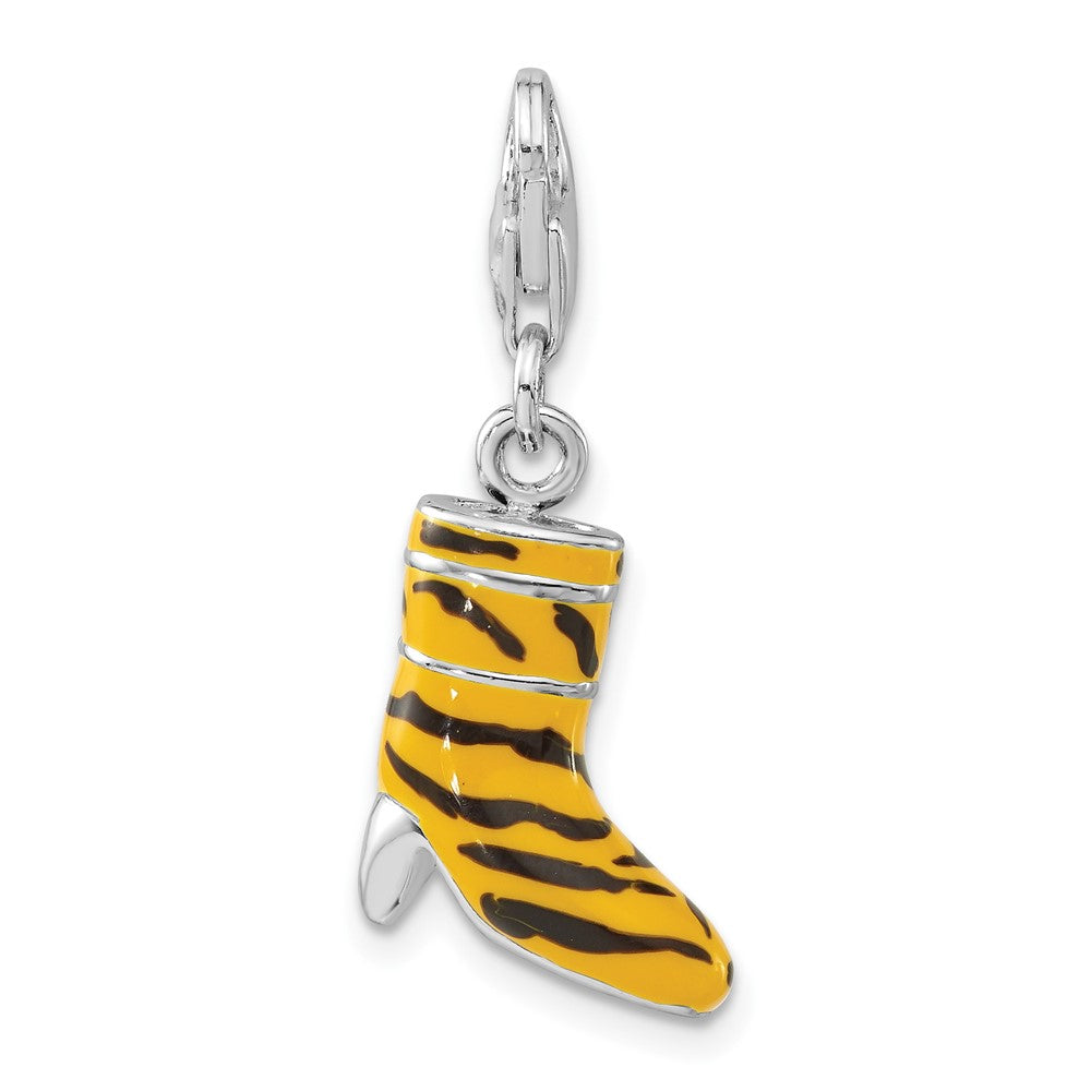 Sterlingsilber 3-d Poliert Zirkonia Gelb/black Emaille Tiger Hoch Heel Boot mit Karabinerverschluss Charm