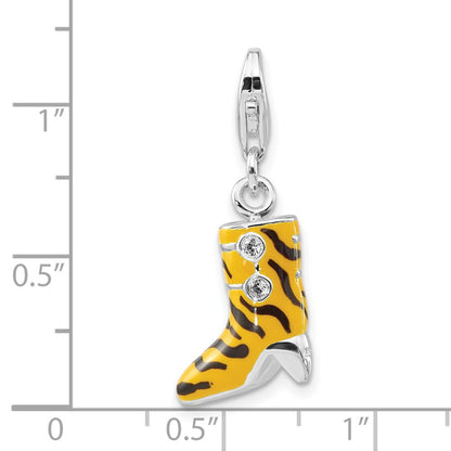 Sterlingsilber 3-d Poliert Zirkonia Gelb/black Emaille Tiger Hoch Heel Boot mit Karabinerverschluss Charm