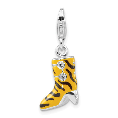 Sterlingsilber 3-d Poliert Zirkonia Gelb/black Emaille Tiger Hoch Heel Boot mit Karabinerverschluss Charm
