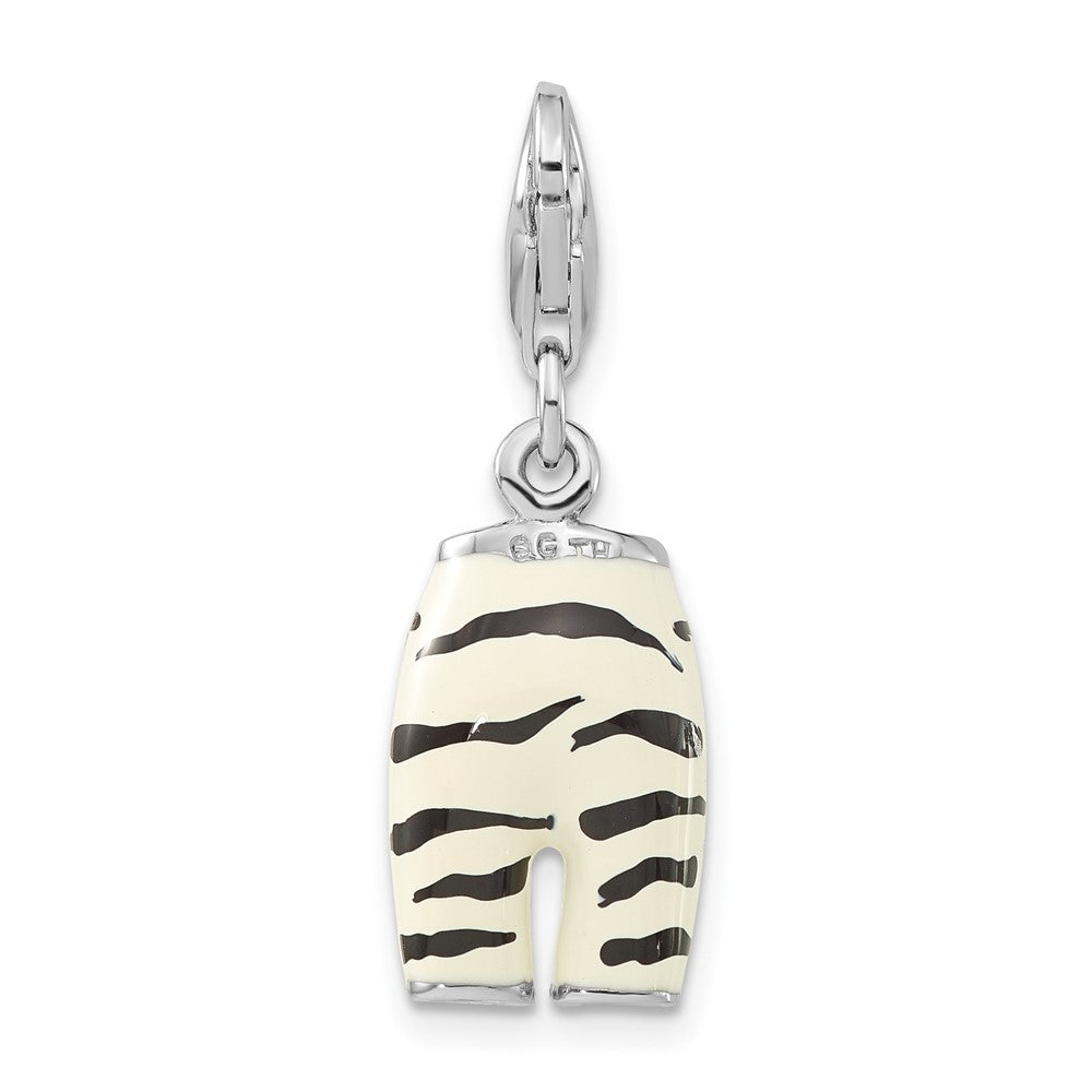 Sterlingsilber Poliert 3-d Zirkonia & Schwarz/white Emaille Zebra Pants mit Karabinerverschluss Charm