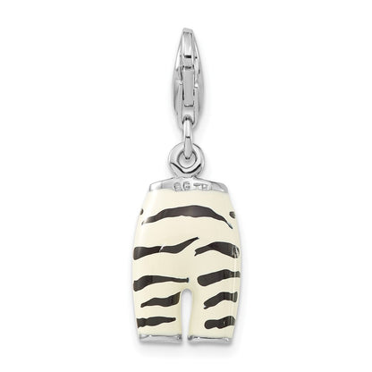 Sterlingsilber Poliert 3-d Zirkonia & Schwarz/white Emaille Zebra Pants mit Karabinerverschluss Charm