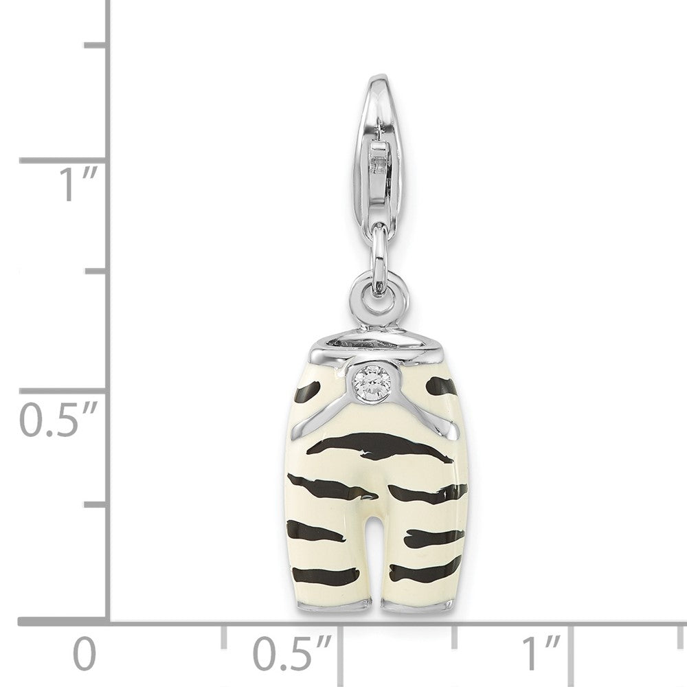 Sterlingsilber Poliert 3-d Zirkonia & Schwarz/white Emaille Zebra Pants mit Karabinerverschluss Charm
